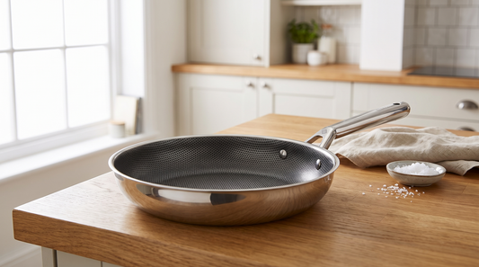 Hive Hybrid 28cm stainless steel frying pan with a honeycomb cooking surface resting on an oak kitchen worktop