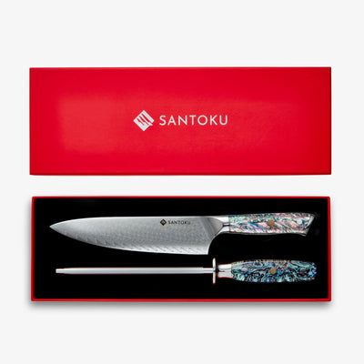 Chikashi  (ちかし) Damascus Chef Knife & Steel Set With Abalone Handle